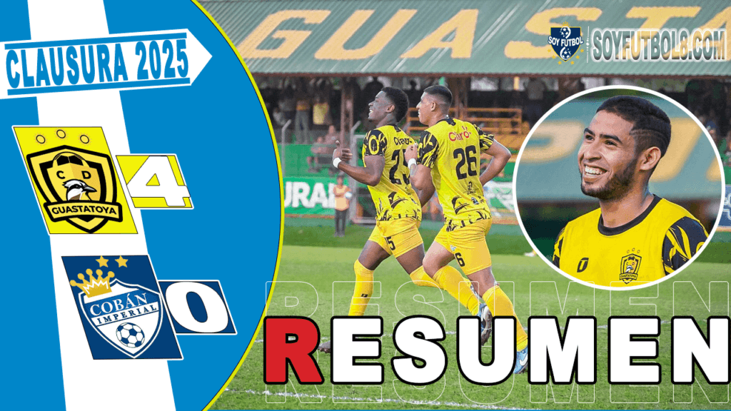 Guastatoya celebra su victoria 4-0 sobre Cobán Imperial en el Torneo Clausura 2025, con jugadores festejando en el campo.