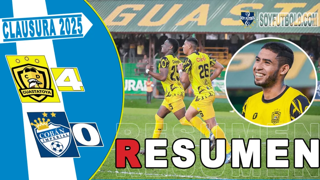 Guastatoya celebra su victoria 4-0 sobre Cobán Imperial en el Torneo Clausura 2025, con jugadores festejando en el campo.