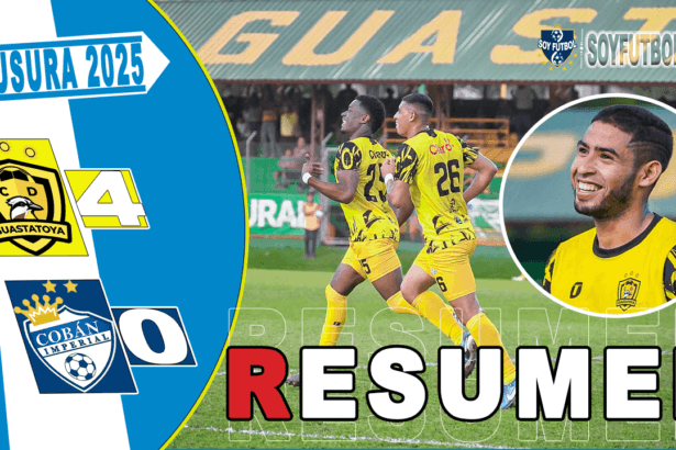 Guastatoya celebra su victoria 4-0 sobre Cobán Imperial en el Torneo Clausura 2025, con jugadores festejando en el campo.