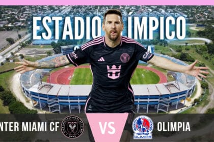 Lionel Messi del Inter Miami vs Olimpia enfrenta a un jugador del Olimpia en el Estadio Olímpico de San Pedro Sula durante el partido amistoso del 8 de febrero de 2025, con aficionados emocionados en las gradas.